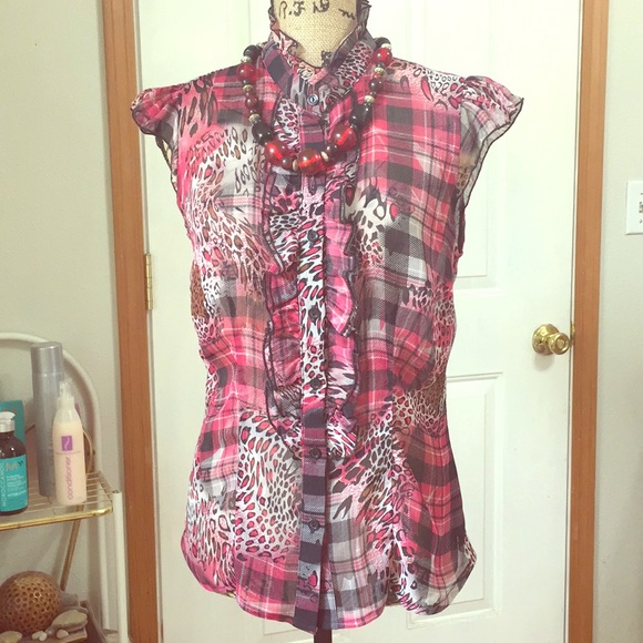 Leopard plaid patternSheer button down Blouse. - Picture 1 of 2